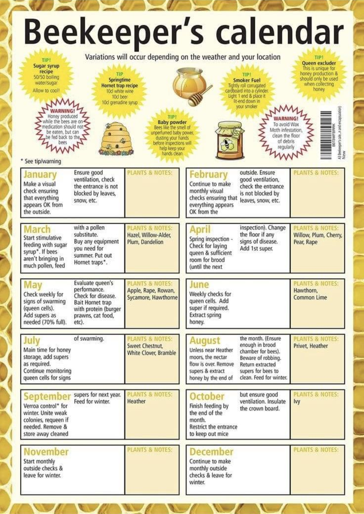 Beekeepers Monthly Calendar